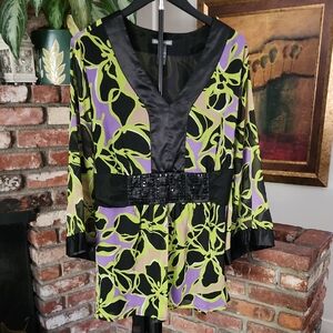 Isabella Rodriguez Abstract Print Blouse 3X Black Green Purple V-Neck